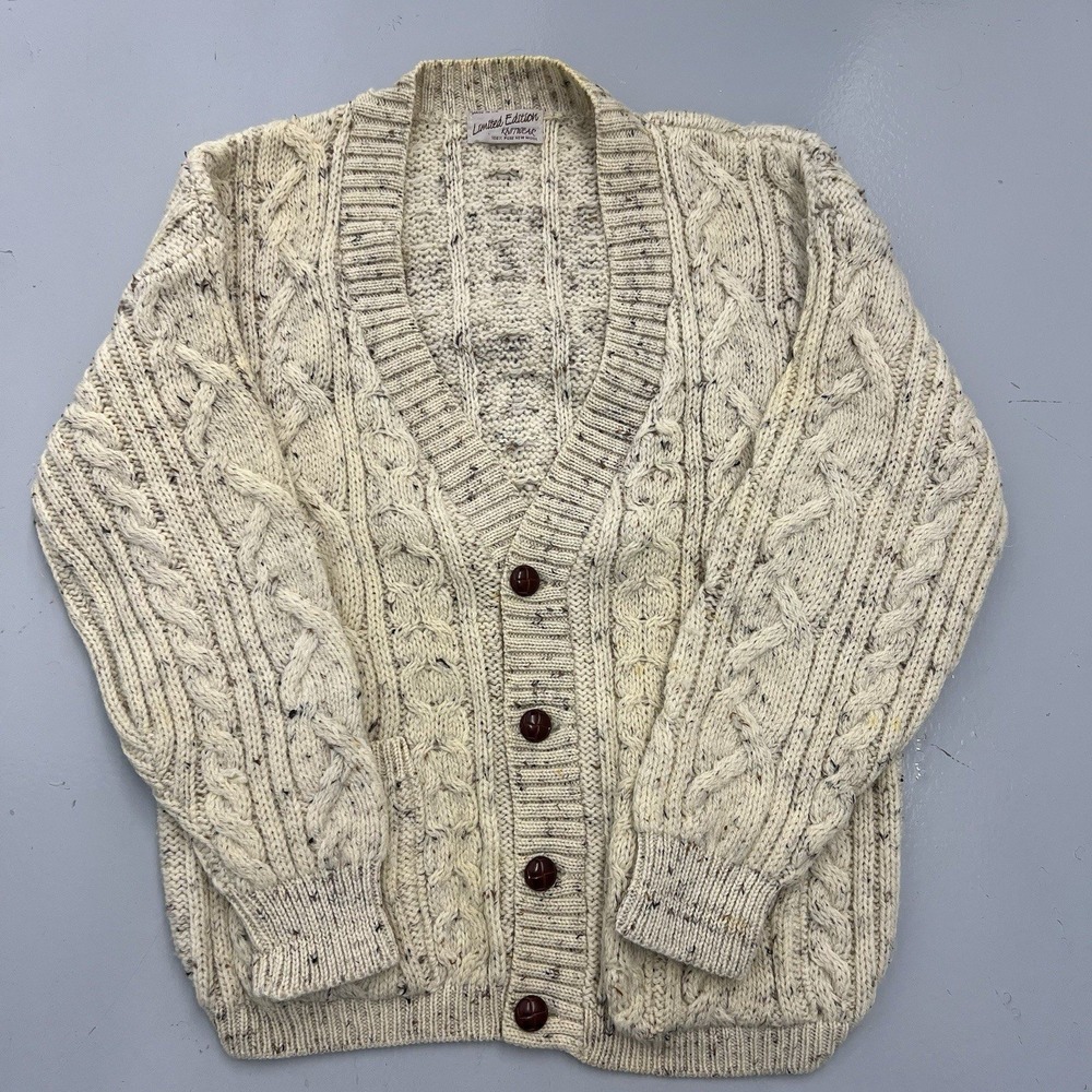 Limited Edition Knitwear Vintage Wool Cable Knit Cardigan Cream Speckled UK L